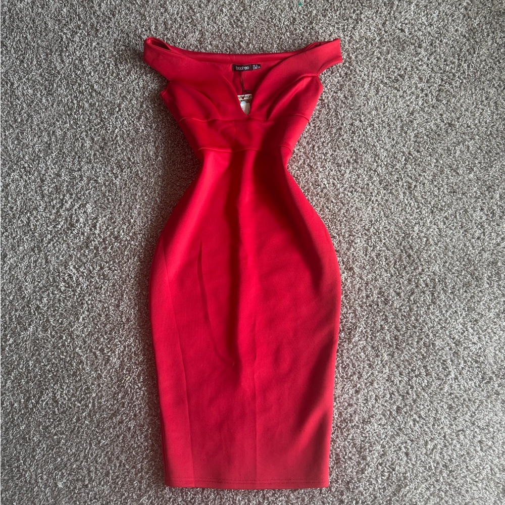 Boohoo Vibrant Red One-Shoulder Bodycon Midi Dress
